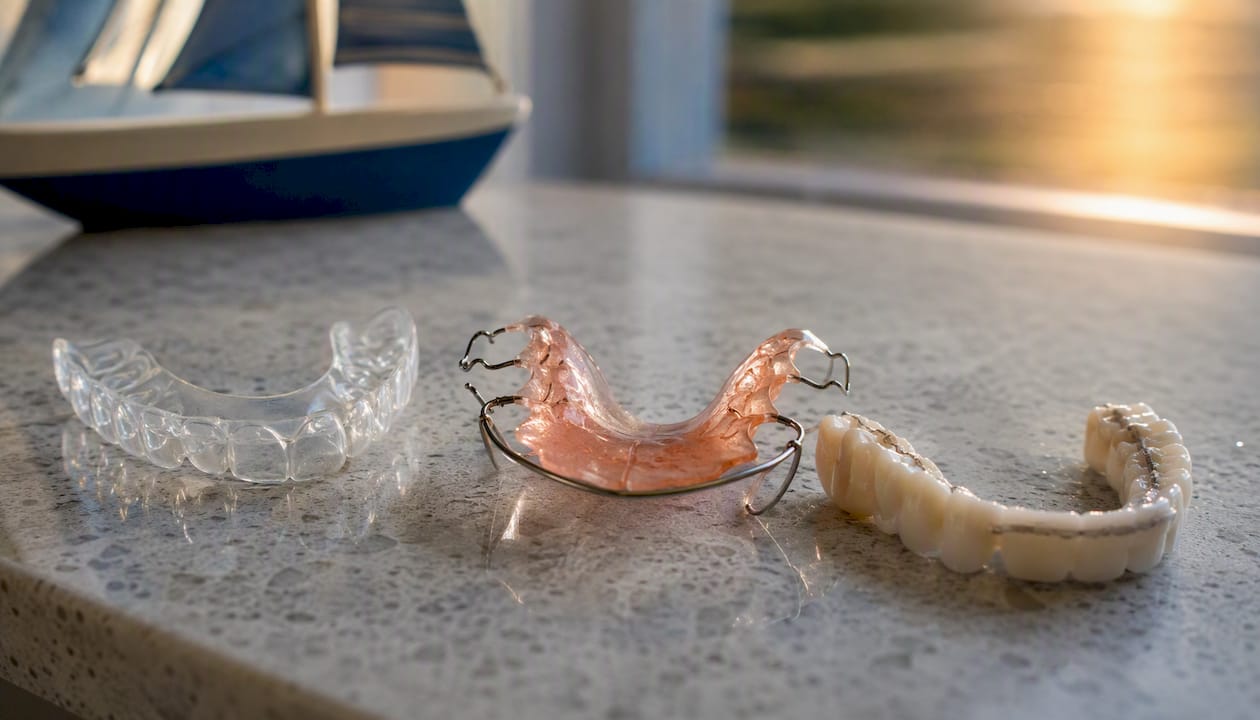 Three common types of dental retainers on table