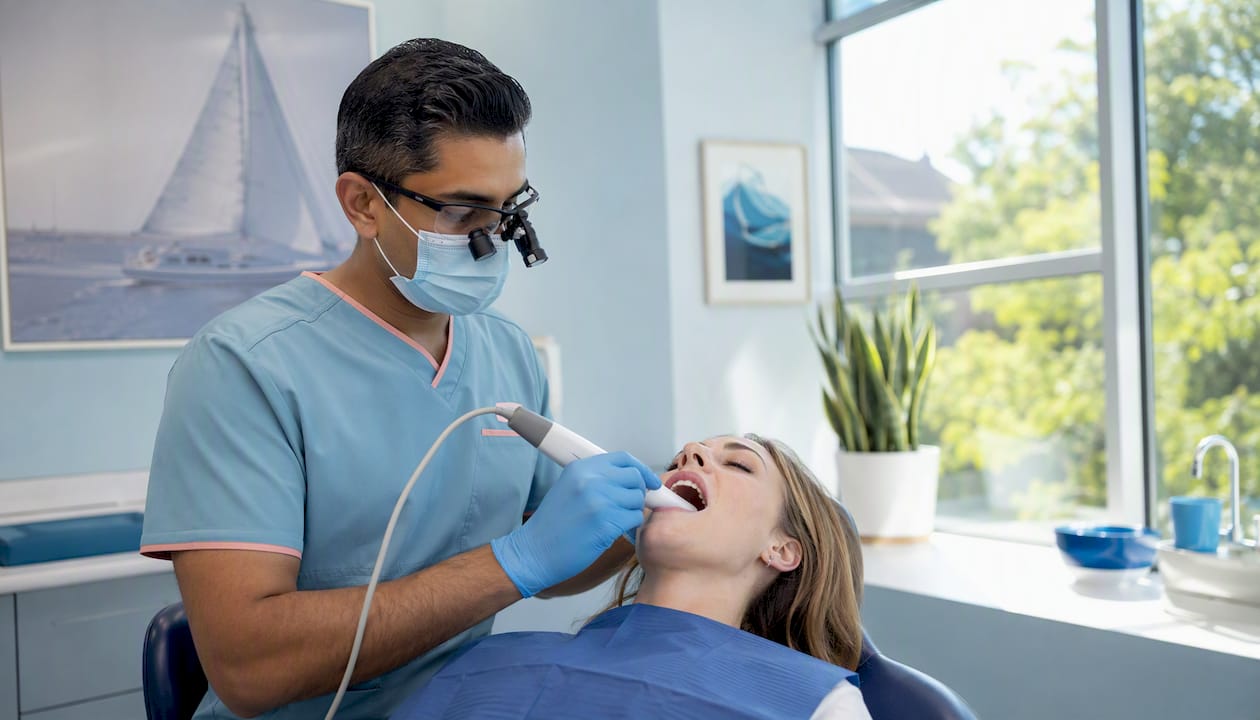 Dentist scanning patient’s teeth with digital intraoral device