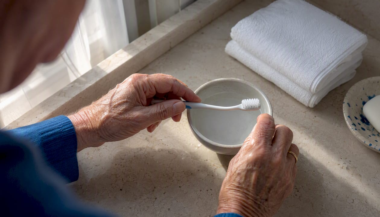 Elderly hands preparing toothbrush for home care