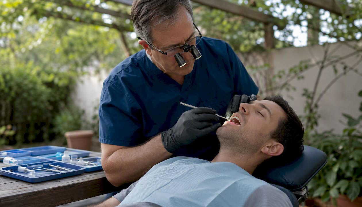 Orthodontist bonding attachments on patient's teeth