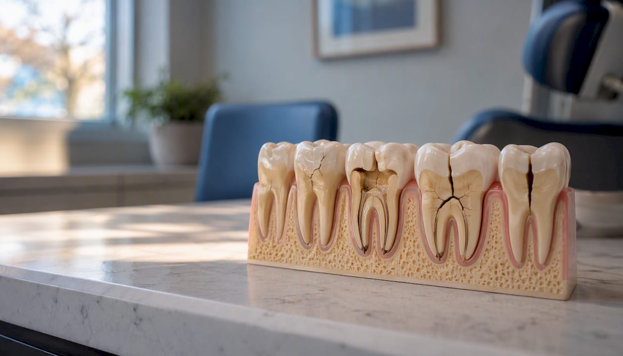 Dental model displaying different types of cracked teeth