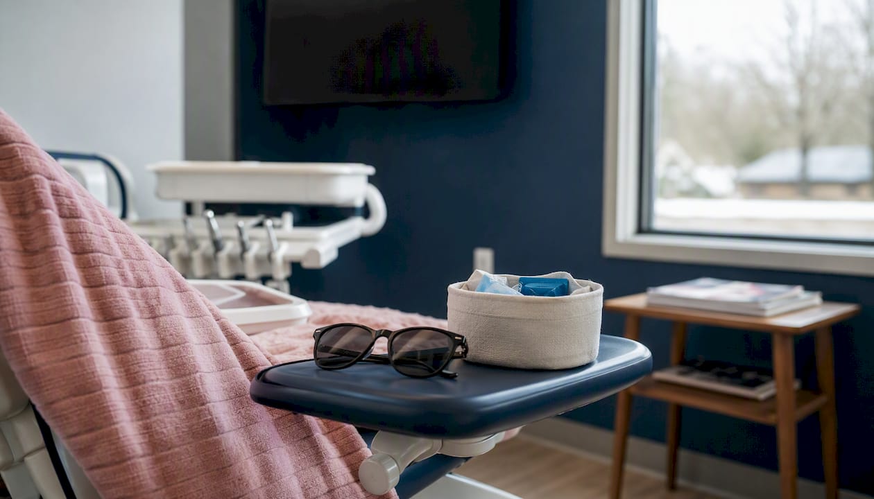 Modern dental chair with comfort items and TV