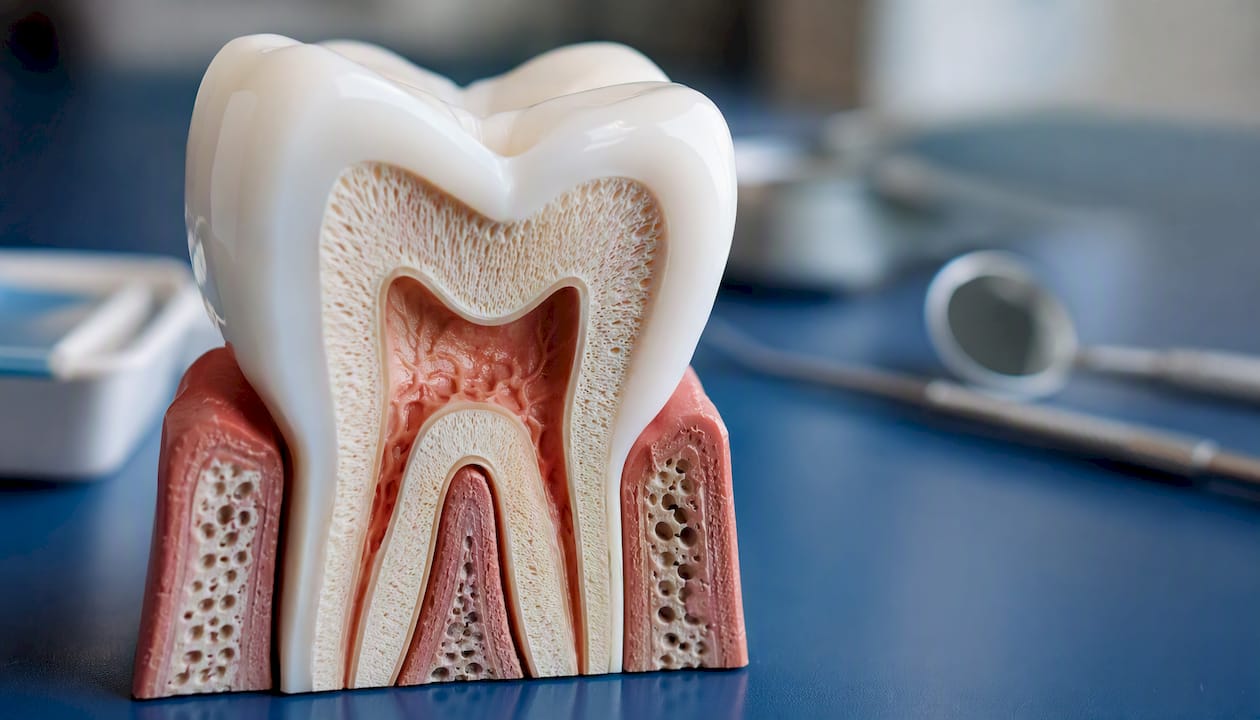 Dental model showing enamel and dentin layers