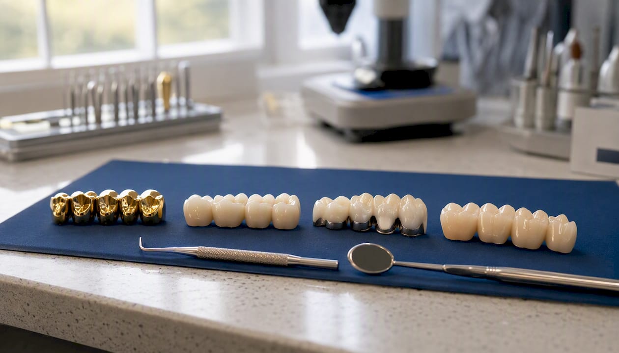 Various dental crown materials on lab bench