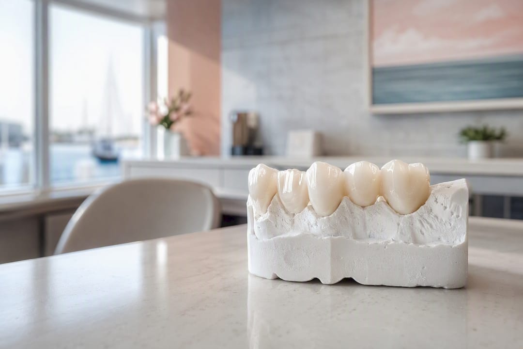 Close-up of zirconia dental bridge model