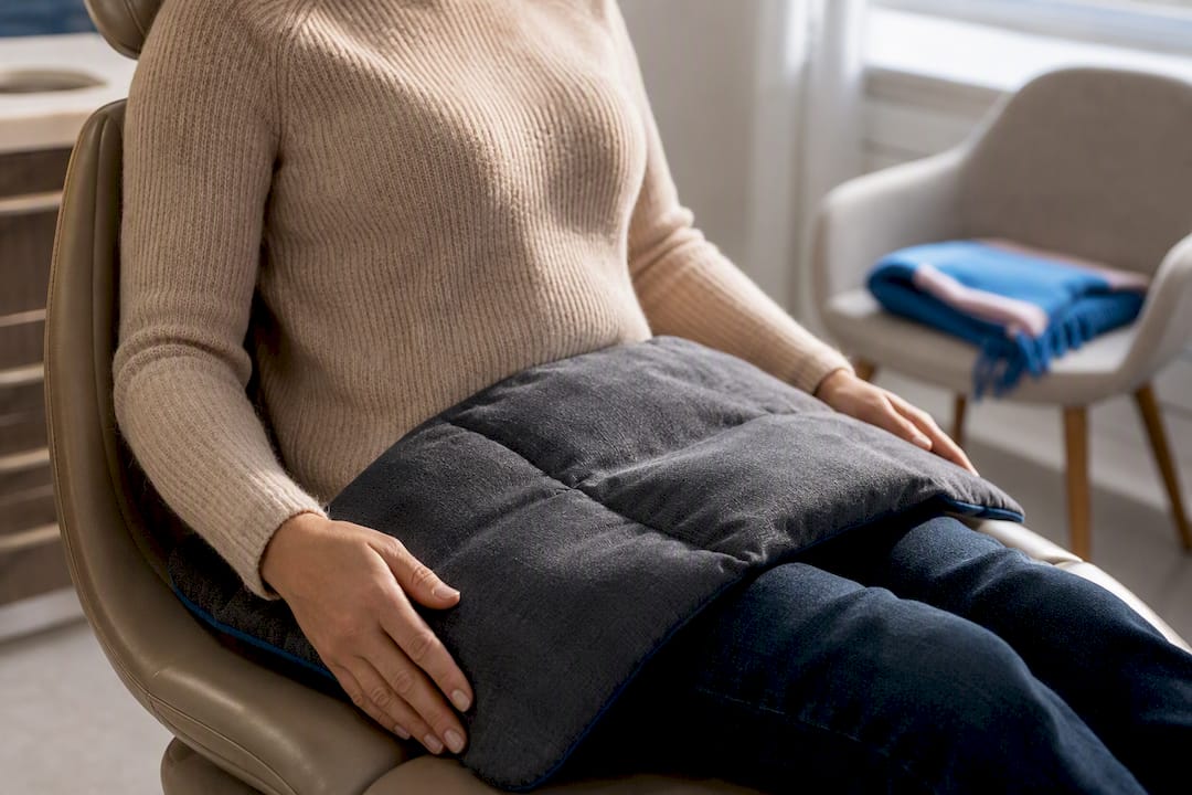 Weighted lap pad resting on dental patient