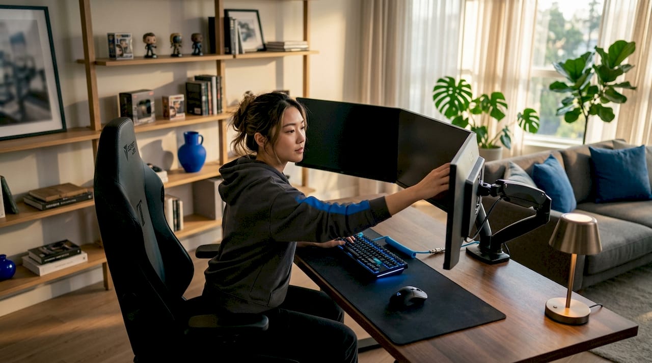 Gamer configuring co-streaming setup in gaming room