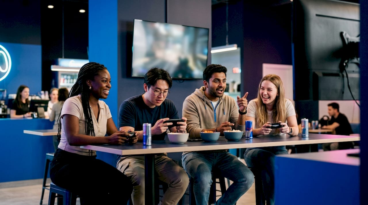 Diverse friends playing multiplayer games at home