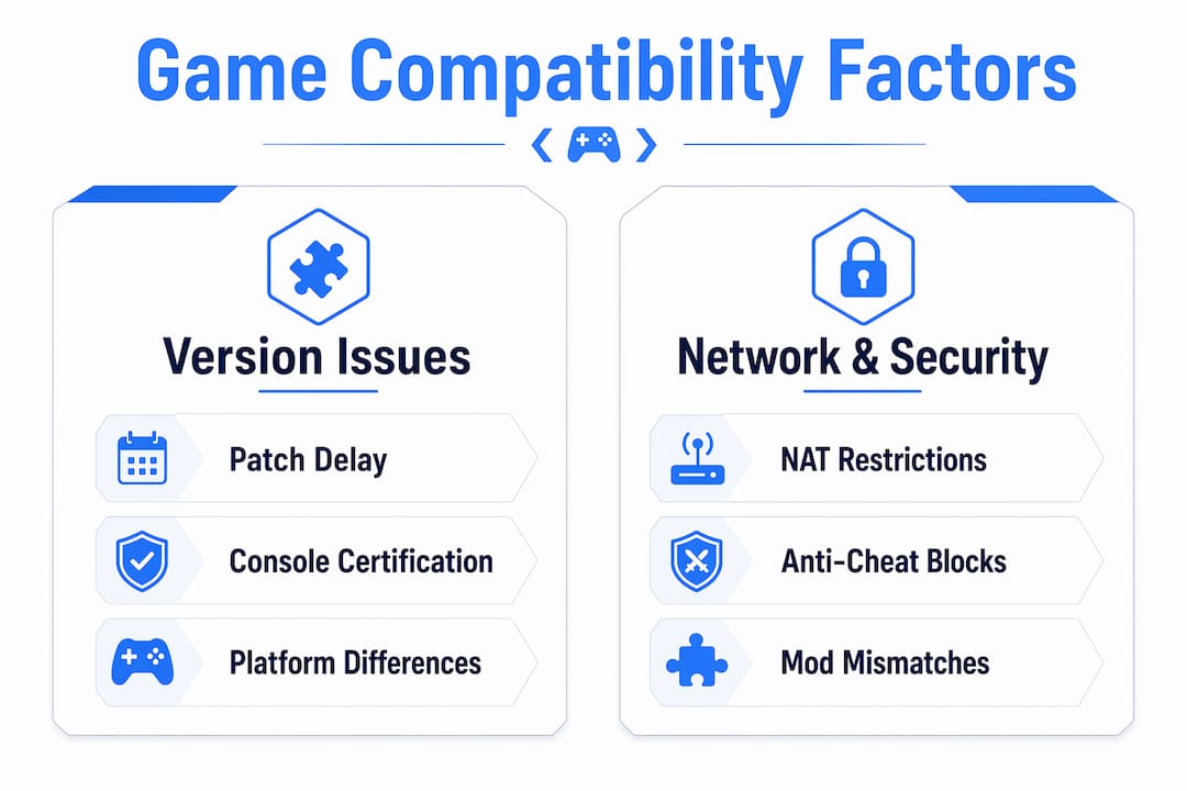Infographic comparing game version and network compatibility factors