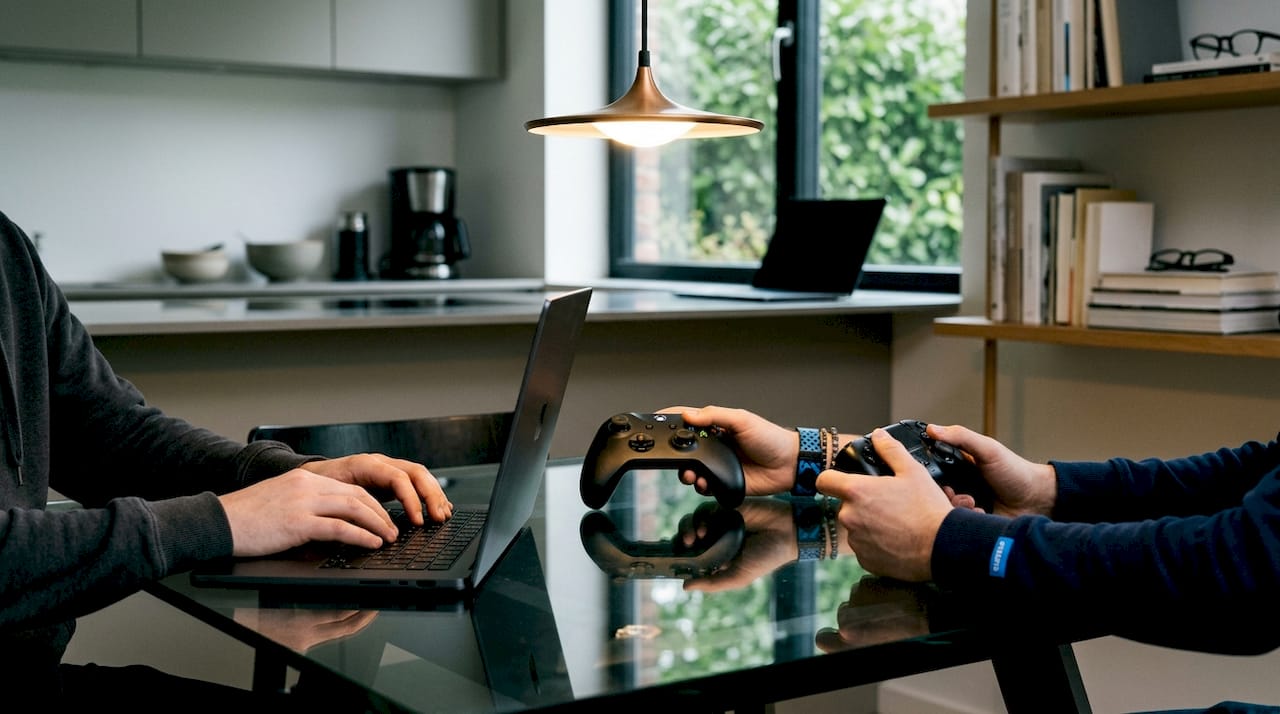 Hands with diverse controllers discussing crossplay