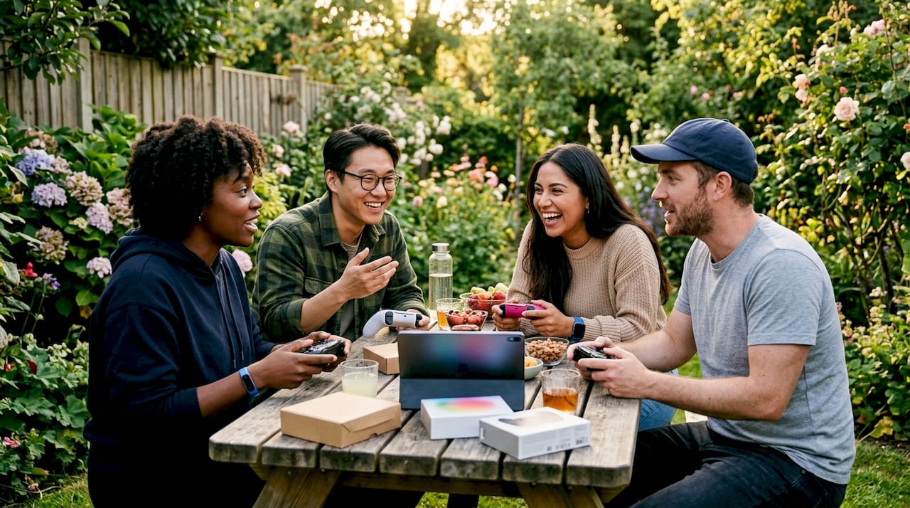Four friends using console game board tablet