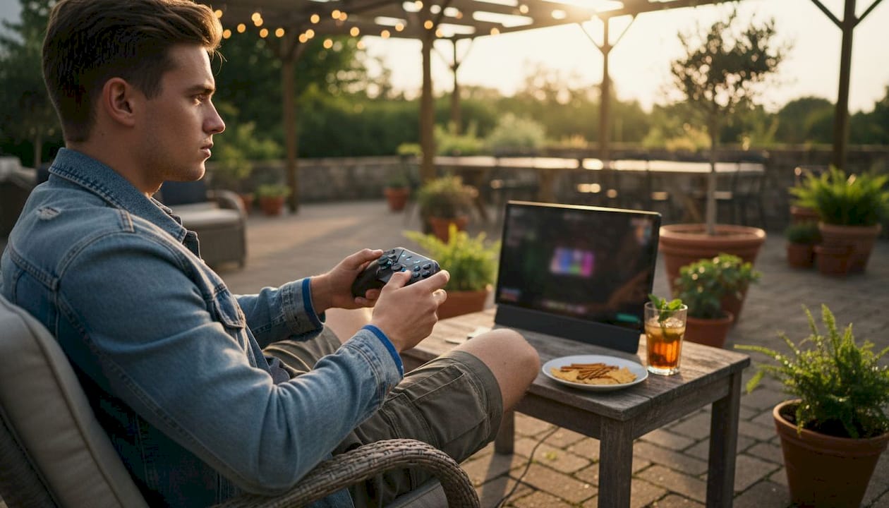Player playing console multiplayer on couch in living room
