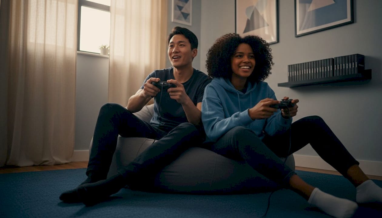 Two friends playing local co-op console game