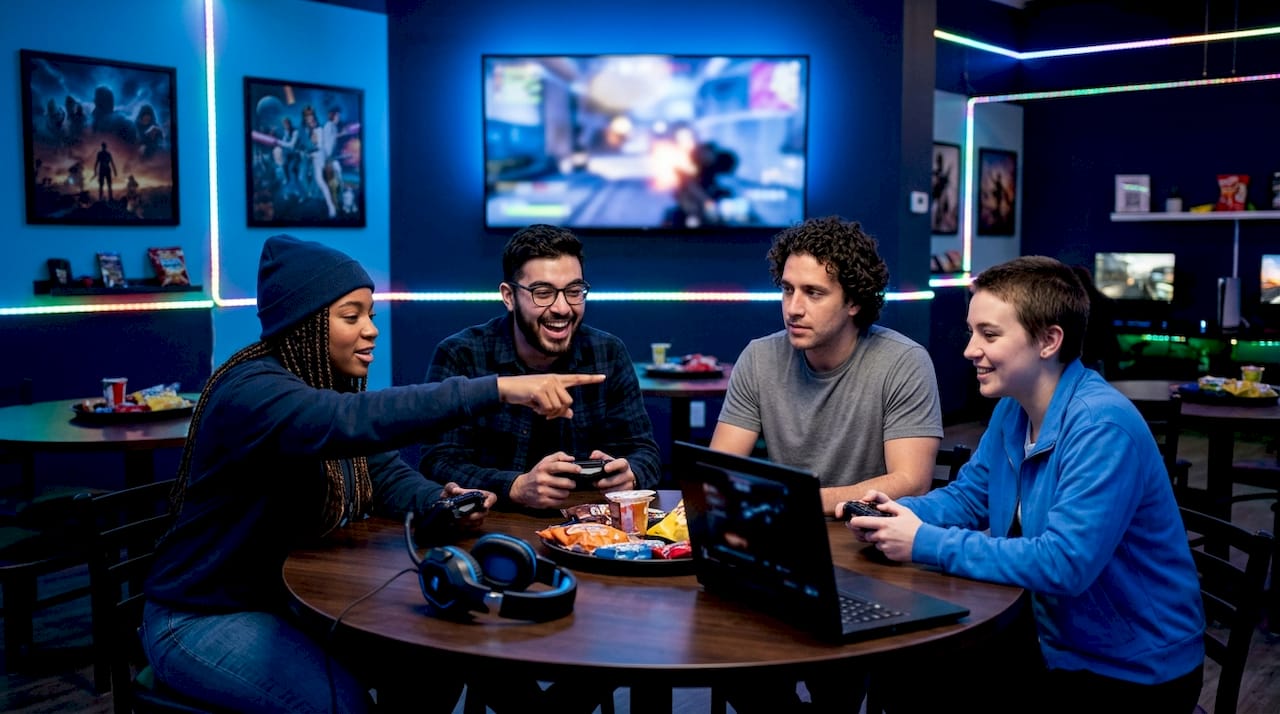 Group of gamers coordinating while playing multiplayer game