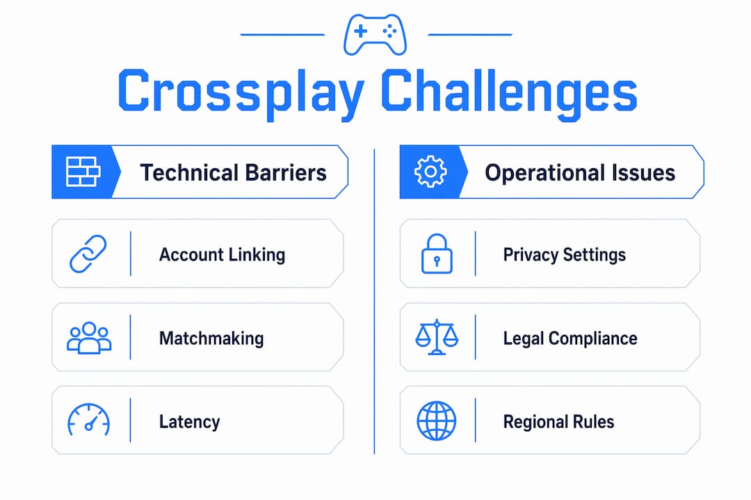 Infographic illustrating technical and operational crossplay challenges