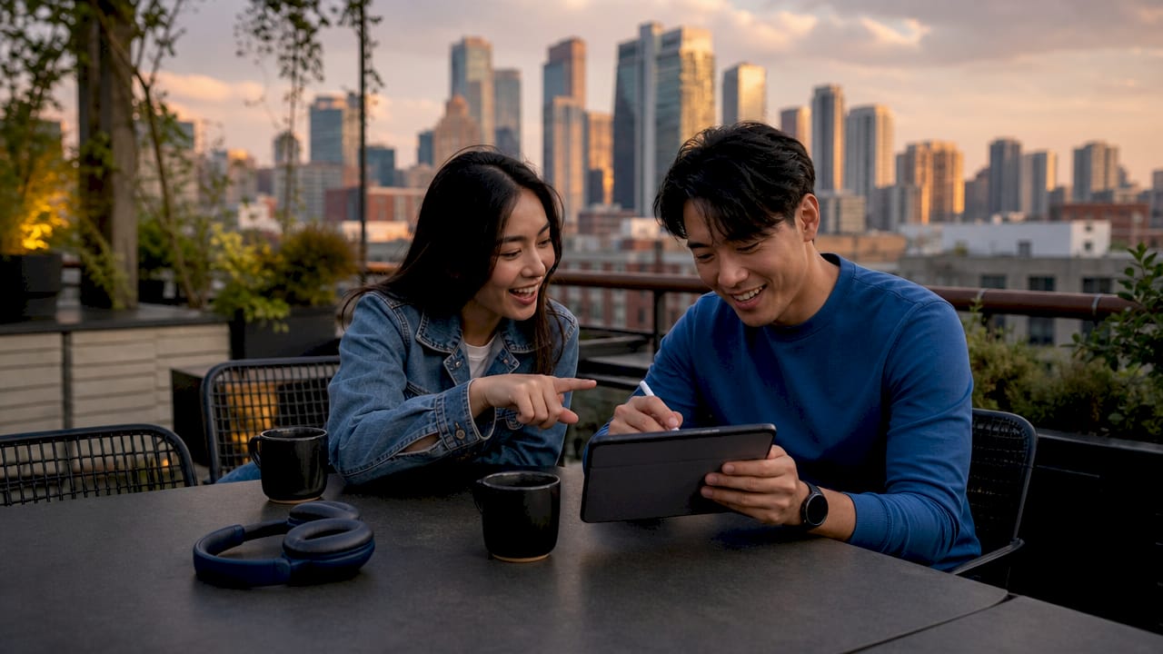 Hands collaborating on tablet for game choices