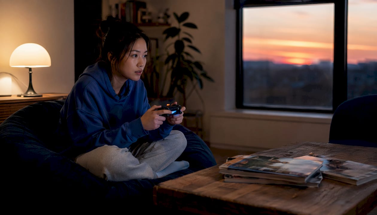 Hands holding game controller on desk