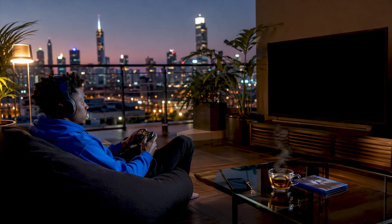 Gamer on sofa with controller in living room