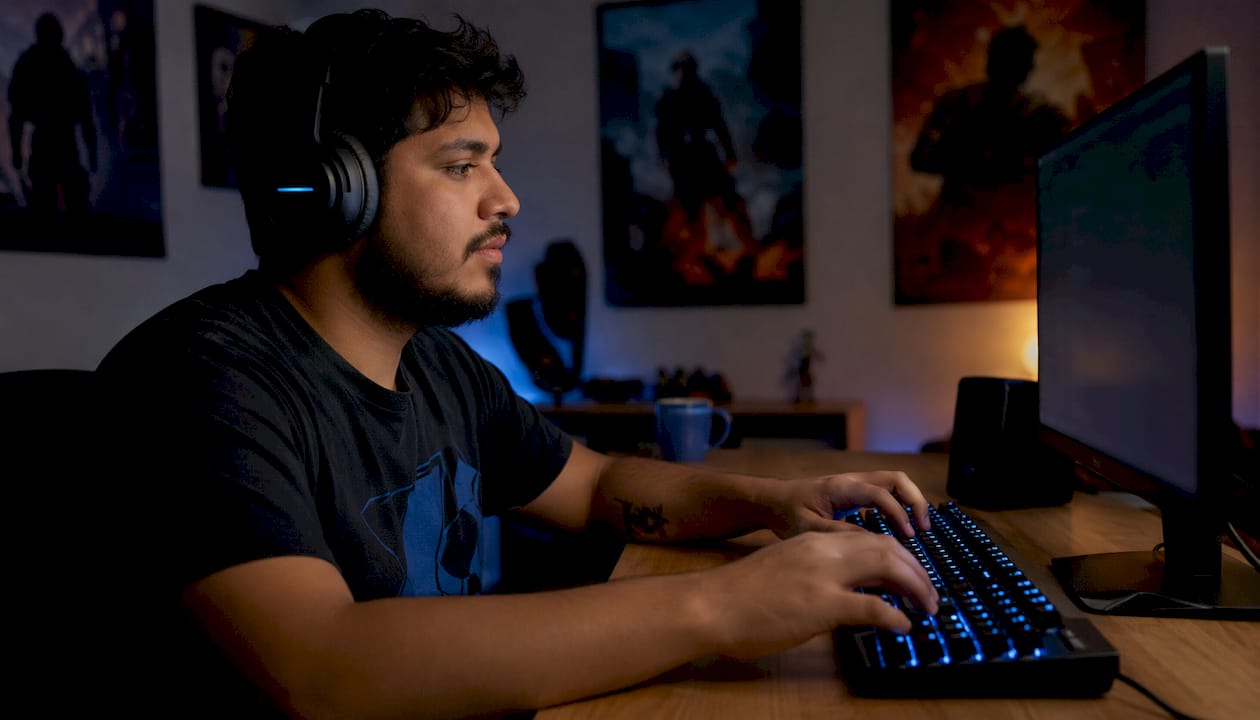 Hands typing on keyboard in gaming room
