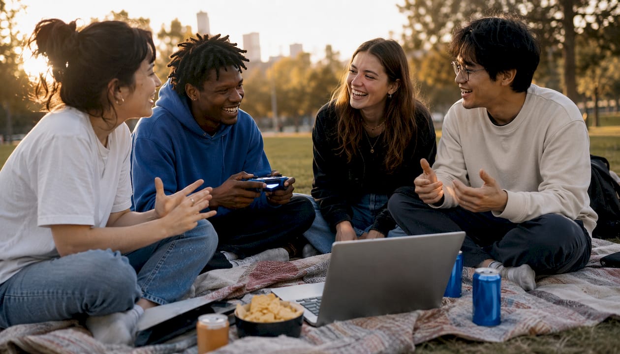 Friends discussing multiplayer games in café