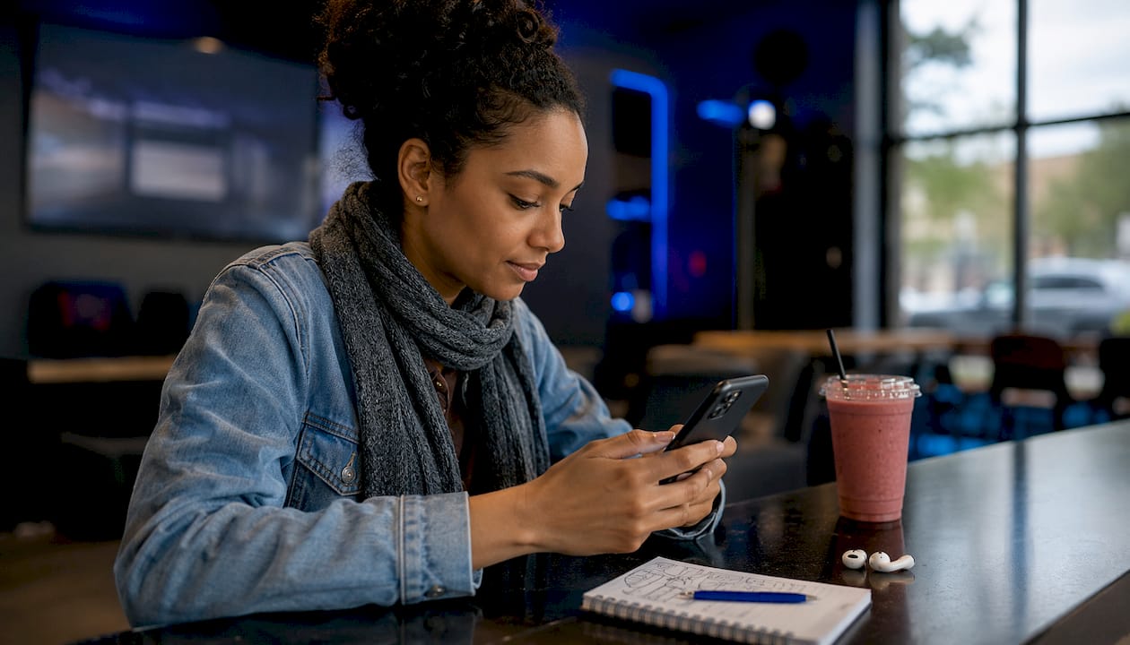 Young woman using game discovery board on smartphone