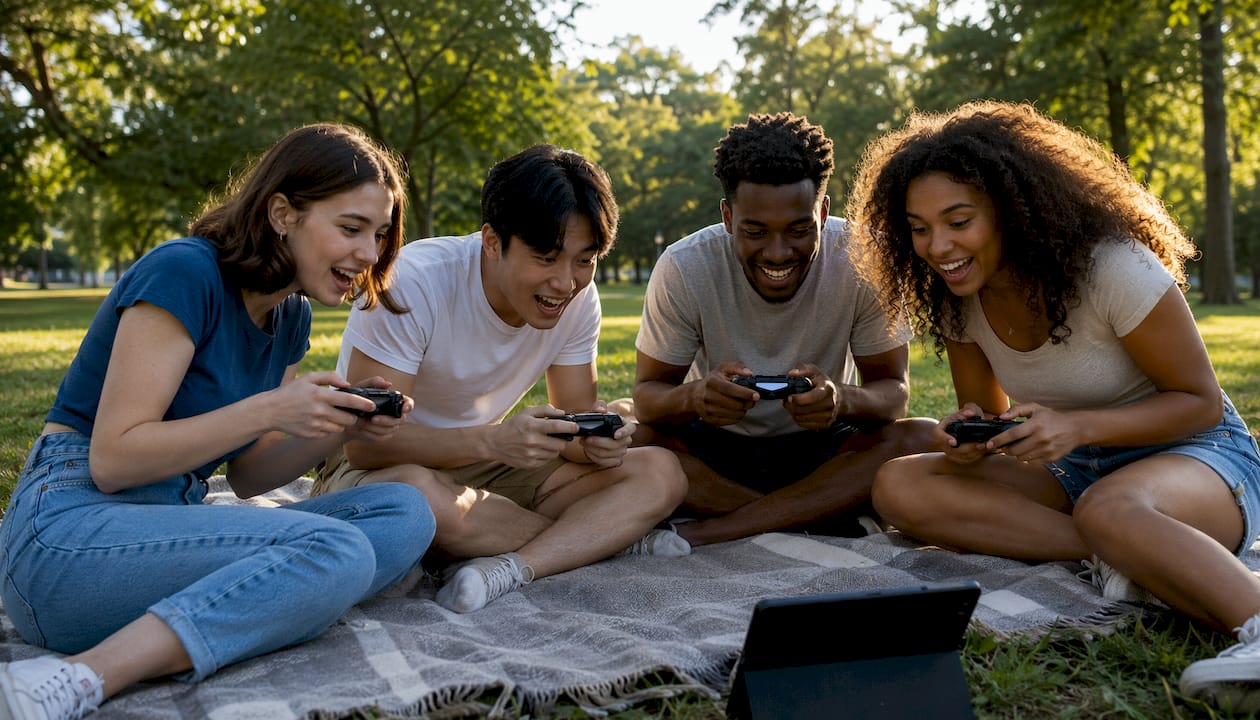 Group playing multiplayer games in living room