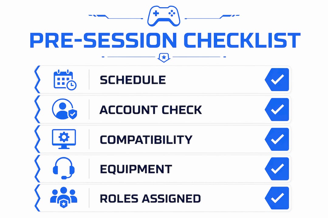 Infographic showing game night pre-session checklist steps