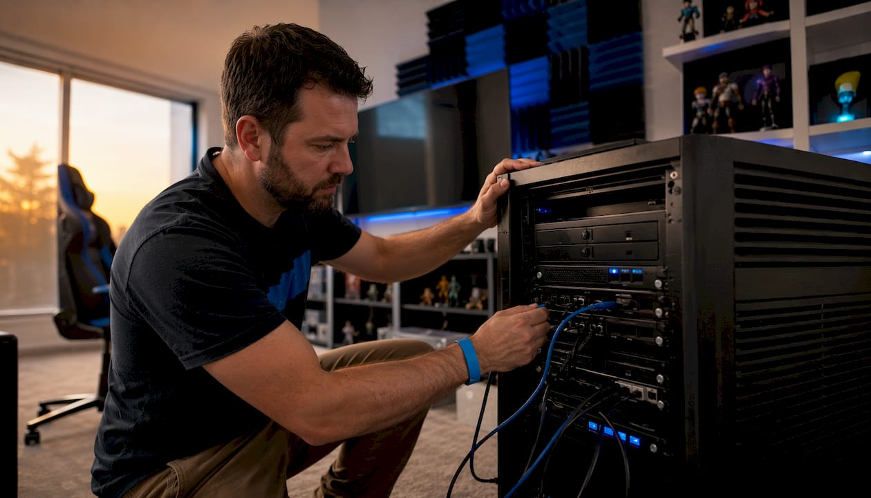 Man setting up Valheim dedicated server hardware
