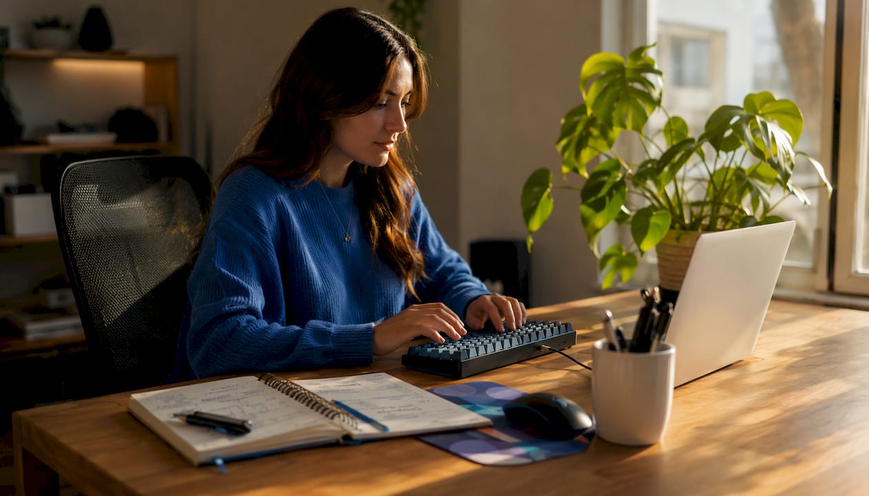 Hands typing streaming software comparison notes