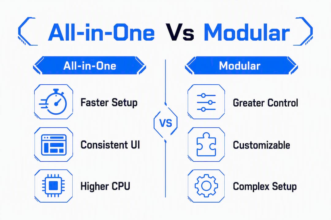 Infographic comparing all-in-one and modular streaming tools