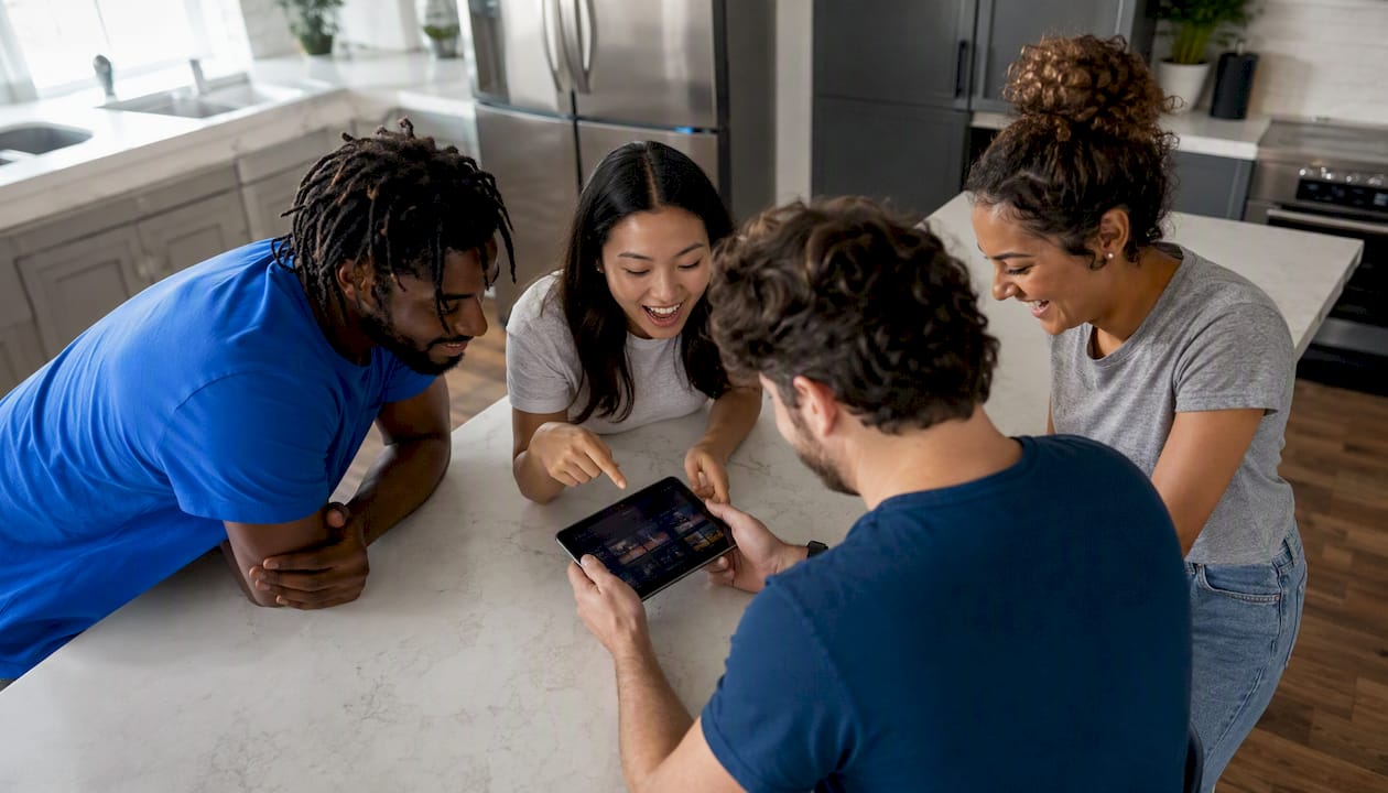 Group of friends deciding on game with tablet