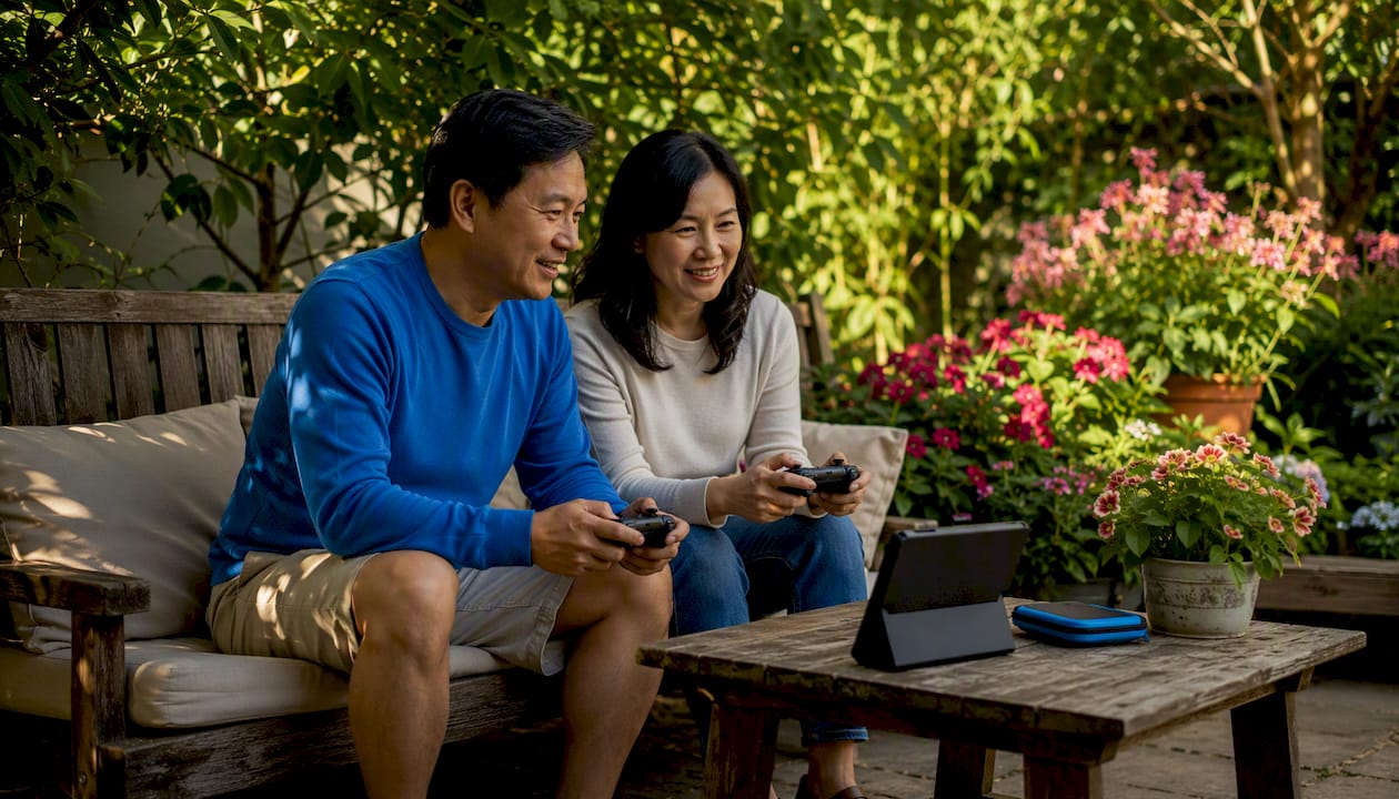 Couple enjoying relaxed co-op farming game at home