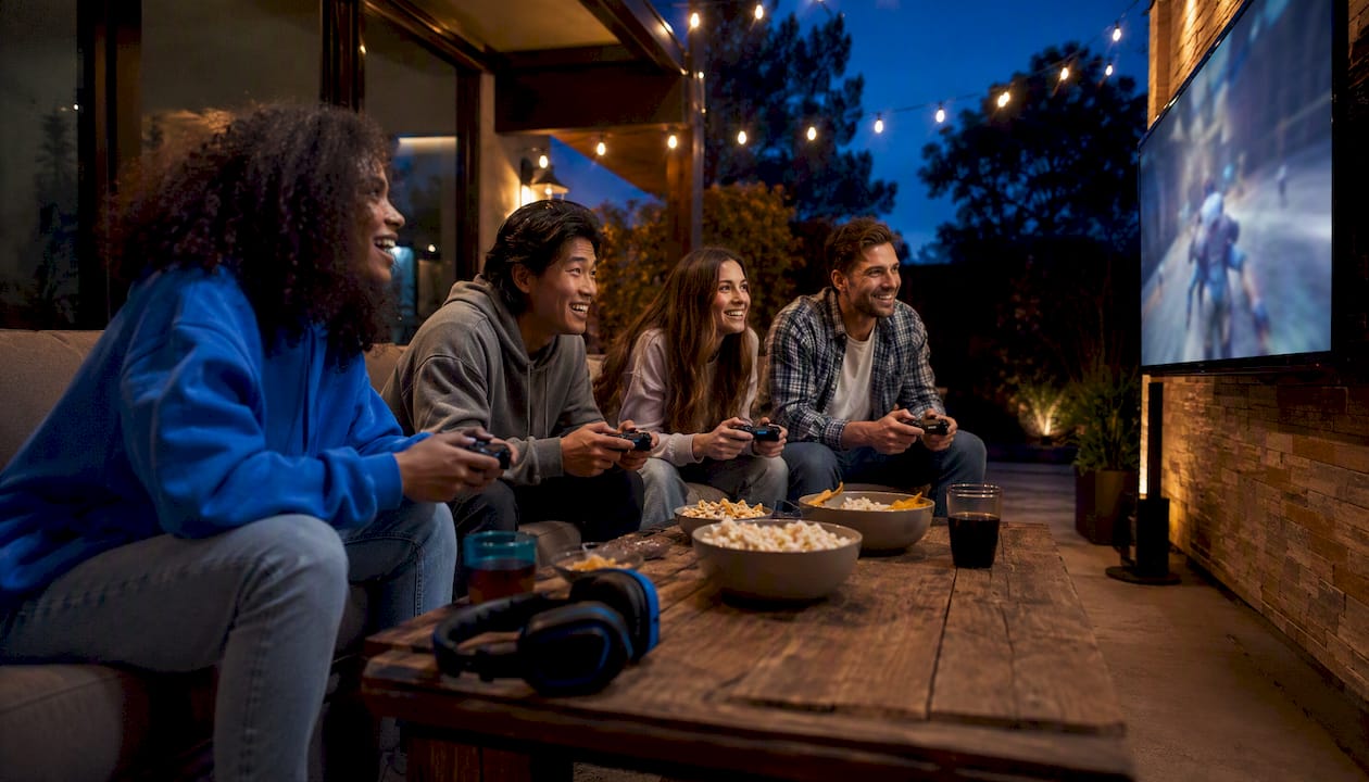 Group playing online co-op game in living room