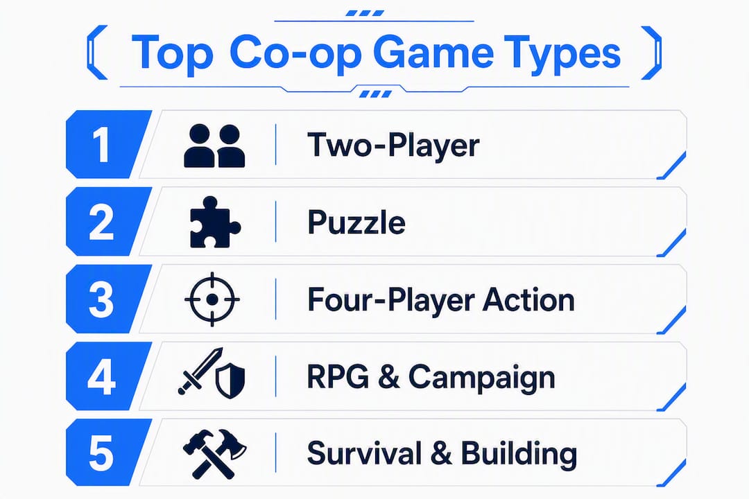 Infographic showing ranked types of co-op games by category