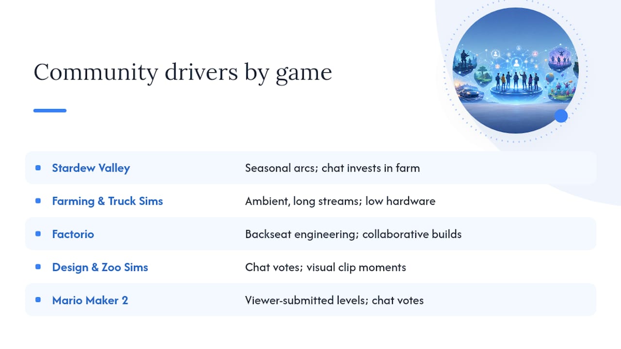 Cosy and simulator games that build community over long streams — overview diagram