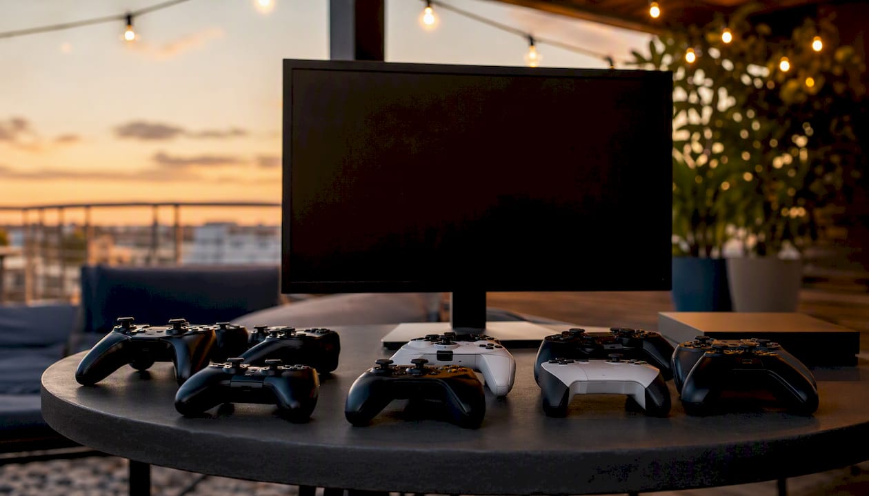 Variety of gaming controllers on table