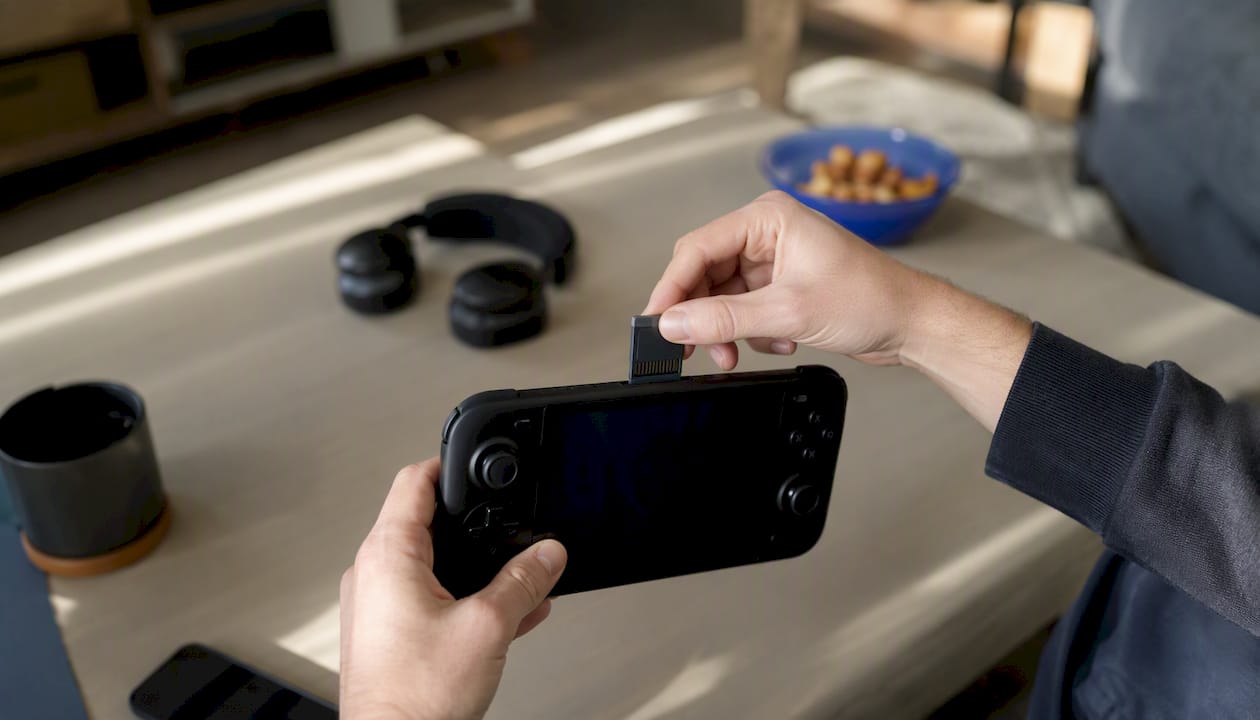 Hands holding game cartridge and handheld device