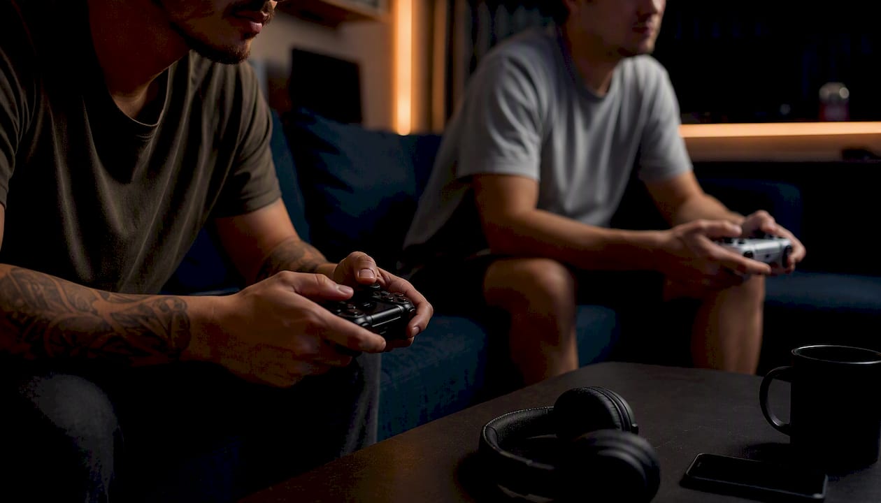 Hands gripping controllers during two player game
