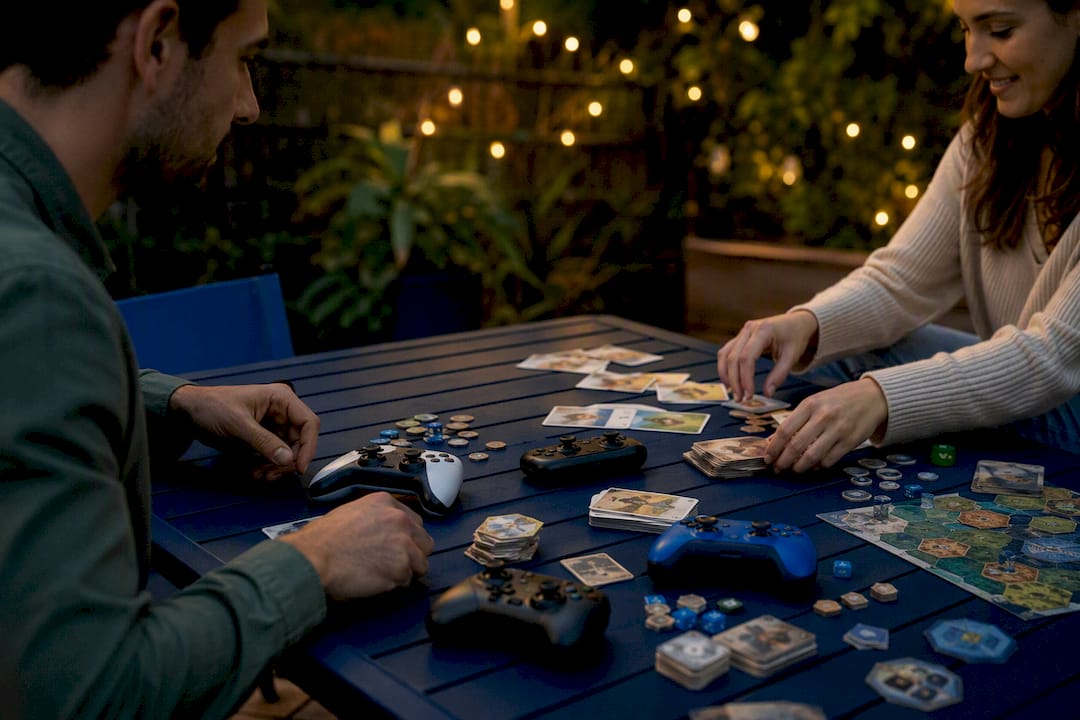 Hands arranging game controllers and cards