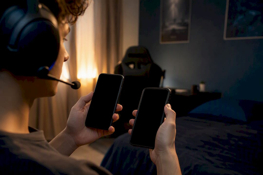 Hands holding mobile devices for voice chat