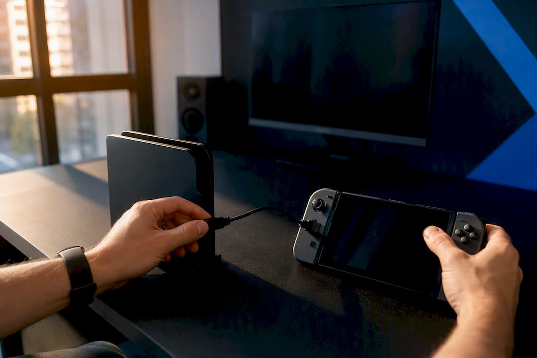 Hands connecting gaming devices for crossplay