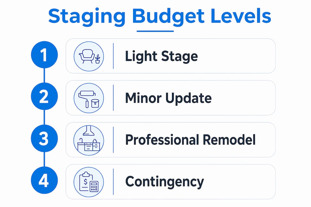 Infographic illustrating bathroom staging budget categories and steps