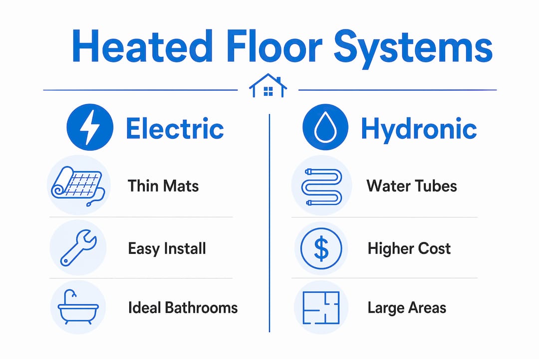 Infographic comparing electric and hydronic heated floor systems