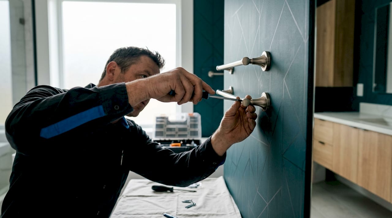 Close-up of hands installing bathroom hardware