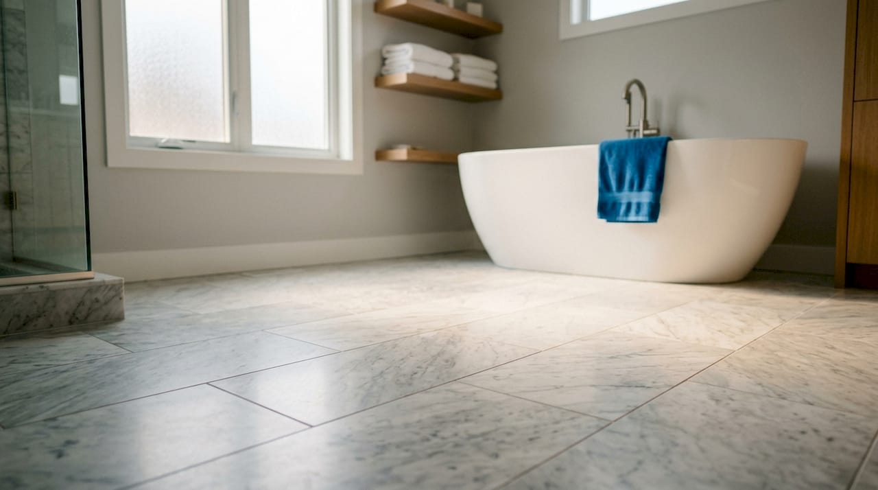 Close-up of warm radiant heated bathroom floor