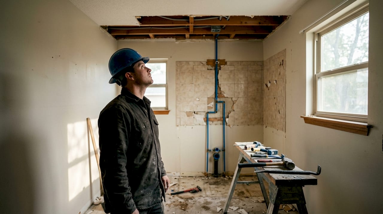 Worker Statrt Planning A Bathroom Renovation Bathroom renovation planning and worker