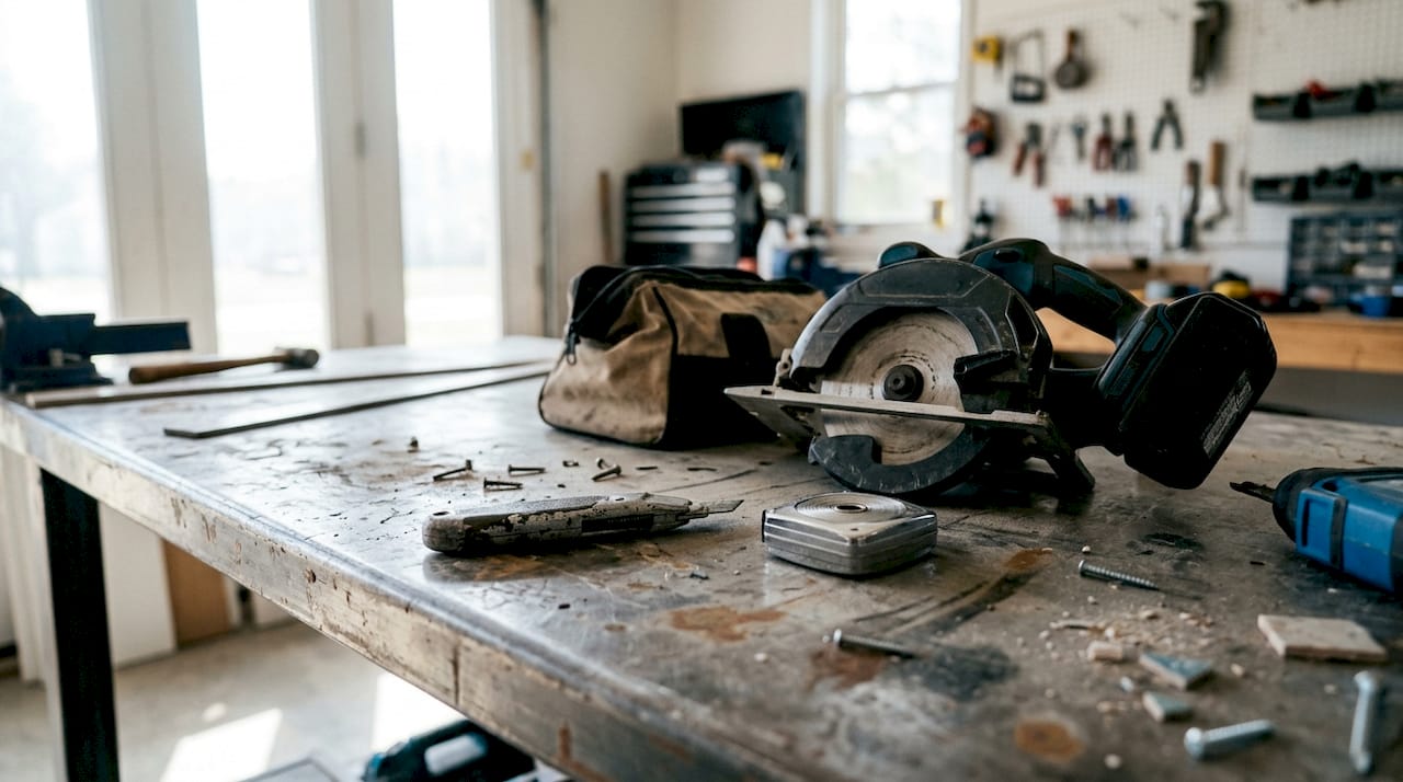 Close-up of masculine bathroom remodel tools on workbench