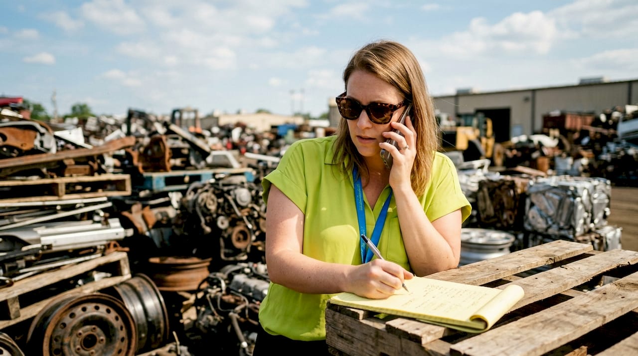 Buyer comparing scrap car prices in yard office