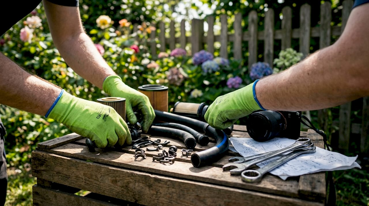 Hands arranging car parts on table outdoors