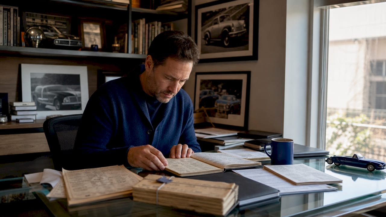 Hands organizing classic car sale documents on table